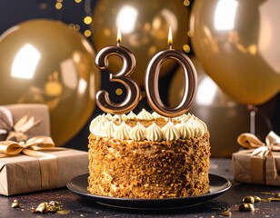 Cheers to 30! Birthday celebration with cake, balloons, and presents