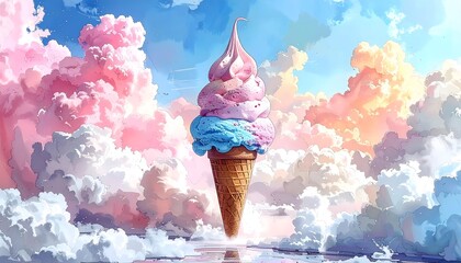 Fantasy Ice Cream Cone Floating in Pastel Cloud Sky, Dreamy Sweet Dessert Background