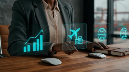 Global Logistics Strategy: Black businesswoman optimizing air cargo routes for worldwide market growth using interactive holographic interfaces. - Powered by Adobe