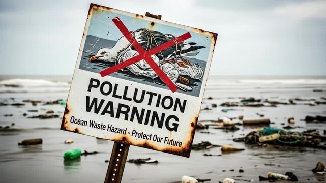 Pollution Warning Sign on Polluted Beach - A rusty pollution warning sign with an video of a trapped seagull is prominently displayed on a beach littered with plastic waste and debris.