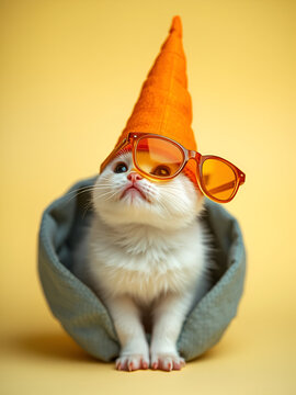 conejito blanco con gafas de sol naranjas sobre fondo de estudio amarillo. concepto pascua