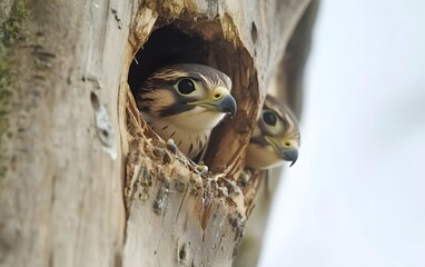 Fototapeta premium Two Baby Birds of Prey in Tree Hollow Nest