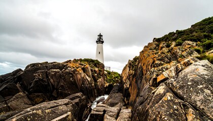 Coastal lighthouse amidst rocky terrain