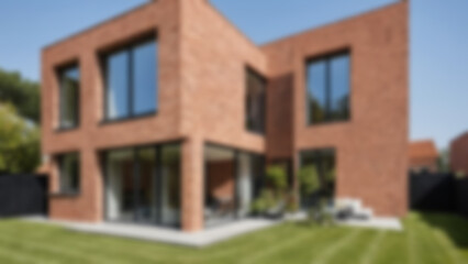 Obraz premium blurry image of a modern house made of red clay bricks, blurry wallpaper.
