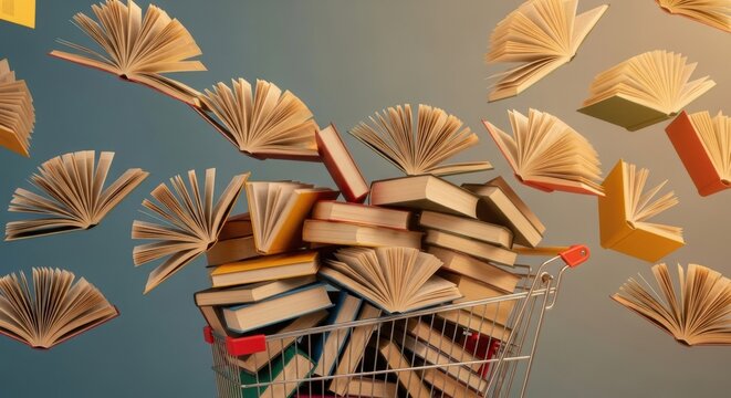 A shopping cart overflowing with books, with dozens of open books flying around it. A dynamic and chaotic concept for book sales, love of reading, or information overload. - Powered by Adobe