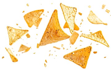 A dynamic shot of crunchy tortilla chip crumbs scattering in mid-air, frozen in motion, isolated on a clean white background