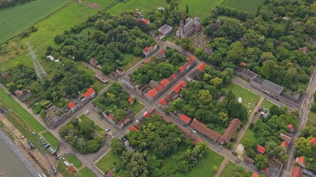 Aerial capture of abandoned Doel village near nuclear plant, Belgium