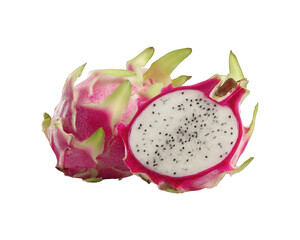 Closeup of a Cut Dragon Fruit with Pink Skin and White Flesh on Transparent Background