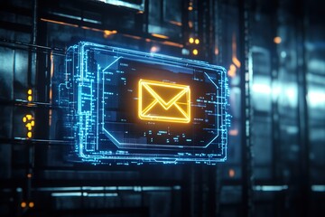 A cyberpunk-style digital interface with a hovering new message icon, illustrating the speed of modern online messaging