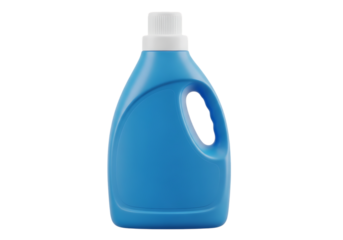 Bright blue laundry detergent bottle with white cap and handle isolated on transparent background