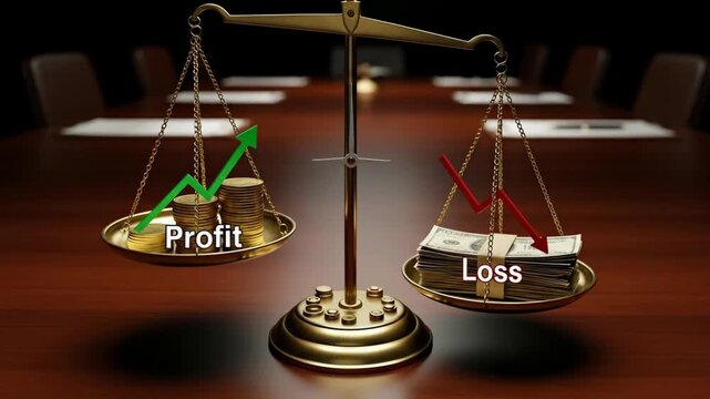 Profit vs Loss Balance Scale - A golden balance scale displays the concept of profit and loss. Stacks of coins and cash are weighed against each other, with upward and downward trending arrows