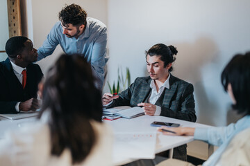Group of business people engaged in discussion, sharing ideas and working creatively together in a well-lit office environment.