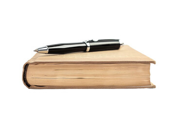 Pen resting on book isolated with transparent background ideal for school supplies promotions and study guides