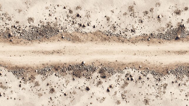 Aerial view of a dirt path traversing arid terrain, scattered with rocks and sparse vegetation. Beige, earthy tones dominate, highlighting texture.