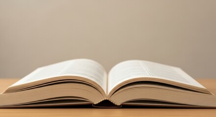 Obraz premium An open hardcover book lying flat on a wooden desk against a neutral wall with copy space. A minimalist concept for reading, studying, and gaining knowledge.