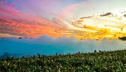 Colorful sunset over a field of flowers