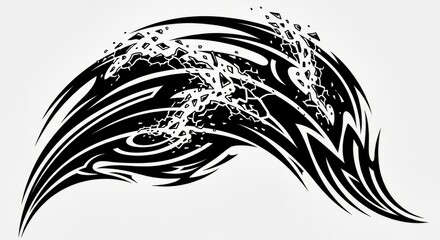 Abstract tribal tattoo design. Black vector art of a dynamic, flowing wave or wing shape, isolated on a white background. Suitable for arm, shoulder, or chest body art.