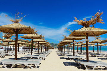 Empty beach with parasols and chaise longues by the sea at resort on sunny summer day