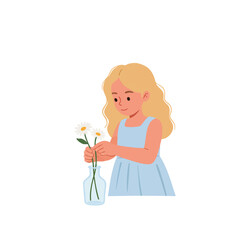 Vector child character in sky-blue dress arranging flower in vase, soft style.
