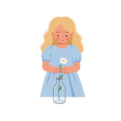 Cartoon child with blonde wavy hair in blue dress placing daisy in glass vase.