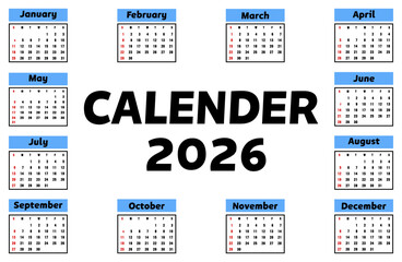 Calendar 2026, Week Starts Sunday, two Page A4. Design Planner Template. Print. Business minimal modern 2026 calendar.