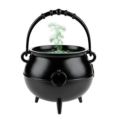 Black witch's cauldron with green potion and smoke : elements for halloween on transparent background