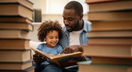 A loving African American father points at a picture book while reading to his smiling toddler son, framed by stacks of books. A warm family moment of bonding and early literacy.