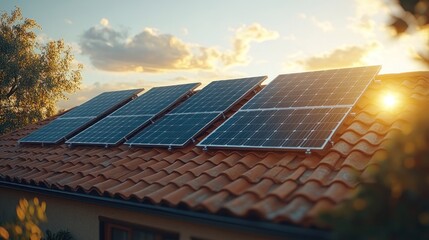 Rooftop solar panels at sunset
