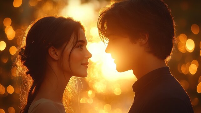 Romantic couple facing each other, golden light