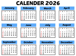 Calendar 2026, Week Starts Sunday, two Page A4. Design Planner Template. Print. Business minimal modern 2026 calendar.