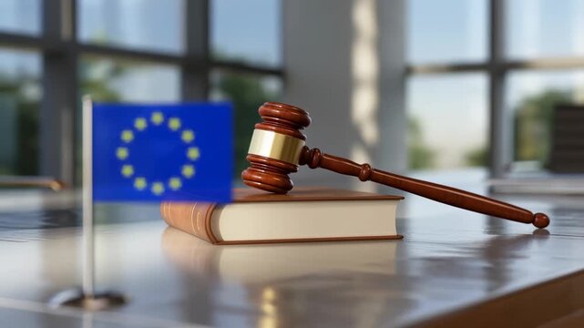European union flag stands beside a judge gavel on a law book this scene represents EU law justice legislation european court political decisions government rules policy making