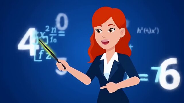 Animated Math Teacher Explaining Equations on a Dynamic Blueboard with Mathematical Symbols