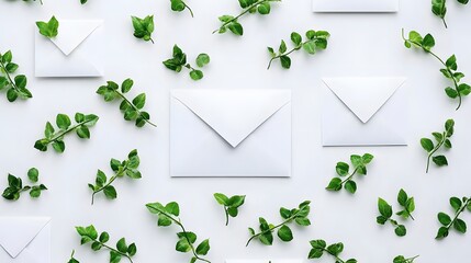 Elegant White Envelopes Green Leaves Flatlay Pattern