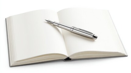 An open notebook with blank pages and a pen on a white background