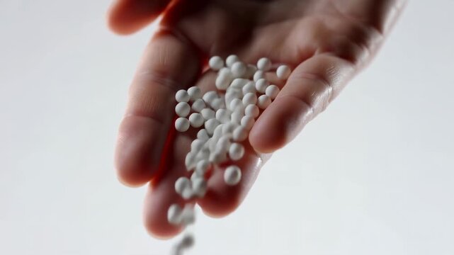 Hand holds white chemical fertilizer granules a modern agriculture science concept this product ensures crop growth a key nutrient for farming industry success and food production