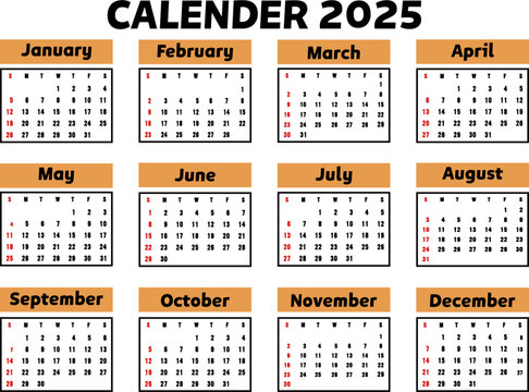 Calendar 2025 Pages Monthly Calendar Planner Templates in minimal style. Vector pages for wall or desk minimalist calendar with week start on Sunday
