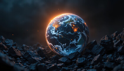 Obraz premium Explosive energy release on earth digital artwork cosmic environment close-up view sci-fi concept