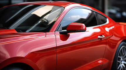 Fototapeta premium A sleek, red car gleams in the sunlight, showcasing its dynamic curves and modern design. Reflections dance on the polished surface, hinting at speed and luxury.