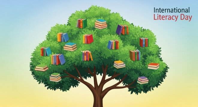 A vibrant "Tree of Knowledge" with books on its leaves, celebrating International Literacy Day. An illustration promoting the importance of reading and education for all.