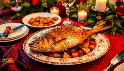 Festive dinner table with a beautifully presented roasted fish