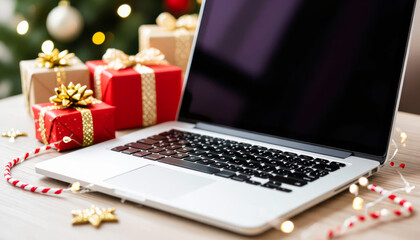 Festive workspace decorated with gifts and lights during the holiday season