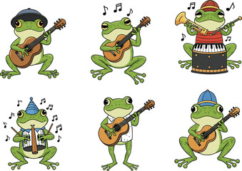 Cartoon frogs playing guitar, trumpet, keyboard, drums, and traditional instruments with hats and fun expressions, vibrant music-themed illustration.