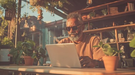 Naklejka premium Businessman working outdoors, focused on tasks while enjoying fresh air.