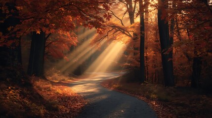 Obraz premium Autumn Forest Path with Golden Light Beams, magical woodland scene