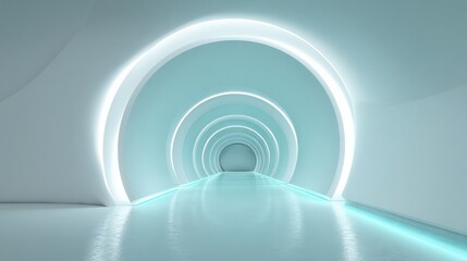 Obraz premium Futuristic glowing tunnel with circular arches and reflective floor, science fiction concept