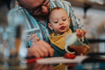Father and young child bonding over a playful activity in a warm, inviting home environment. The scene captures the joy and connection of parenthood, emphasizing family and everyday life experiences.