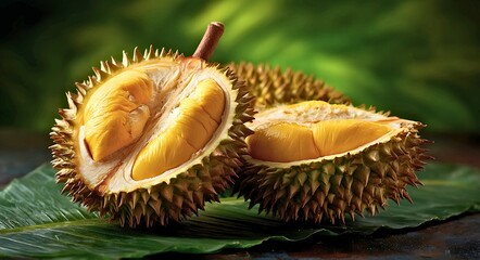 Freshly cut durian fruit revealing its creamy yellow flesh and spiky outer shell