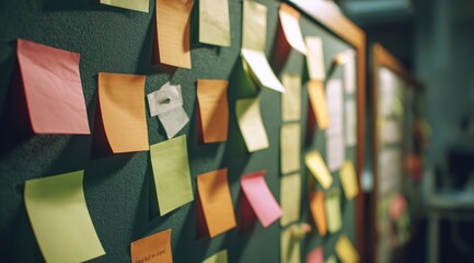 Sticky Notes and the Collaborative Canvas: A colorful array of sticky notes on a wall, inviting viewers to contemplate creativity, planning, and communication within an office.
