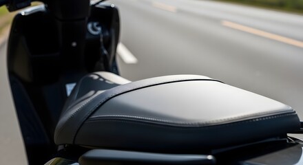 Fototapeta premium Close-up of a black motorcycle seat with white stitching on a blurred road background
