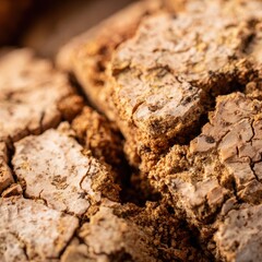Extreme closeup of cracked, dry earth texture with deep fissures and a rough, weathered surface